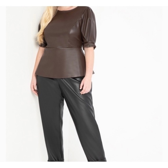 G031 Eloquii Faux Leather Puff Sleeve Peplum Top Brown - Picture 6 of 6